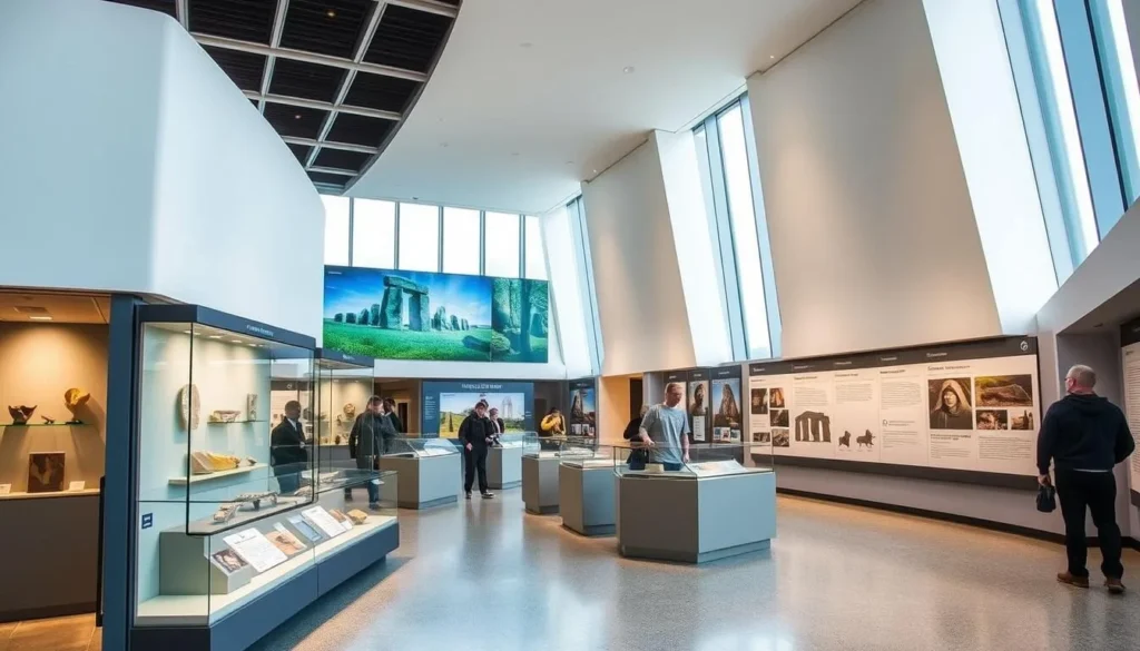 Interior of Stonehenge Visitor Center showing archaeological exhibits and interactive displays
