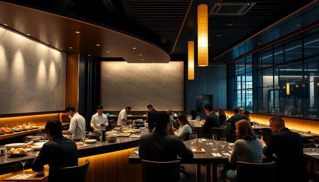 Interior of Sushi Nakazawa, one of the premier Washington DC Japanese restaurants, showing the elegant sushi counter