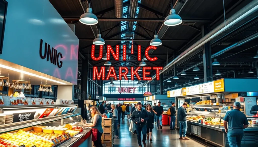 Interior of Union Market in Washington DC showing various food stalls and customers browsing