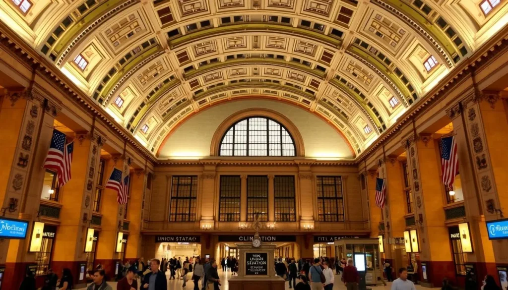 Interior of Washington DC's historic Union Station with its grand architecture and busy concourse