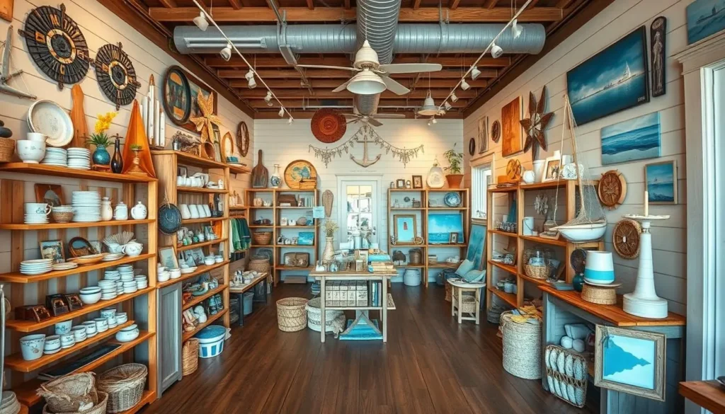 Interior of a boutique shop in Apalachicola with coastal-themed decor, handmade items, and nautical gifts Interior of a boutique shop in Apalachicola with coastal-themed decor, handmade items, and nautical gifts
