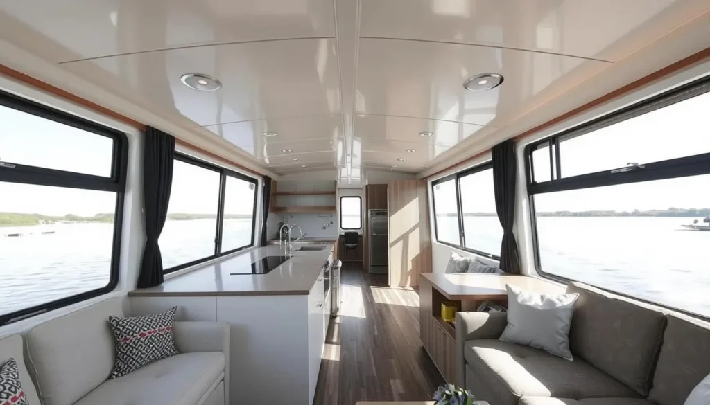 Interior of a modern houseboat on the Murray River in the Murraylands Region South Australia