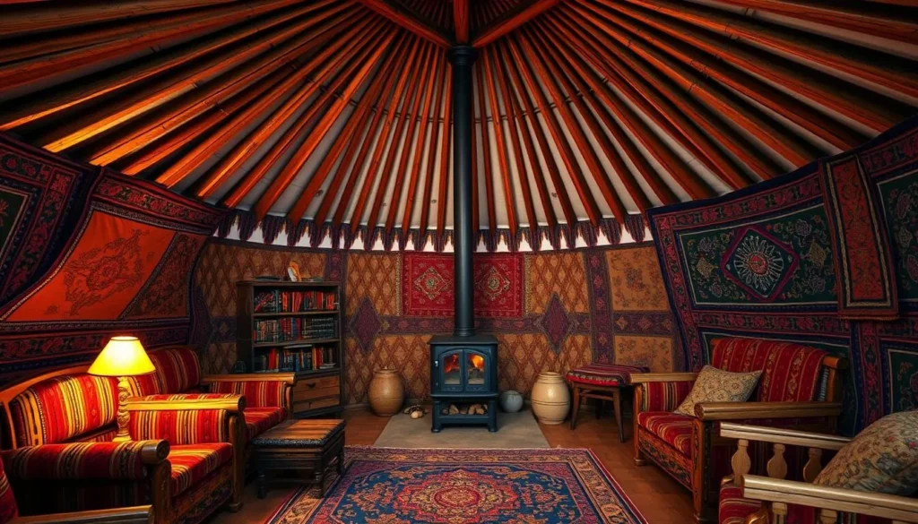 Interior of a traditional Mongolian ger with colorful furniture and central stove, authentic Mongolia Best Things to Do