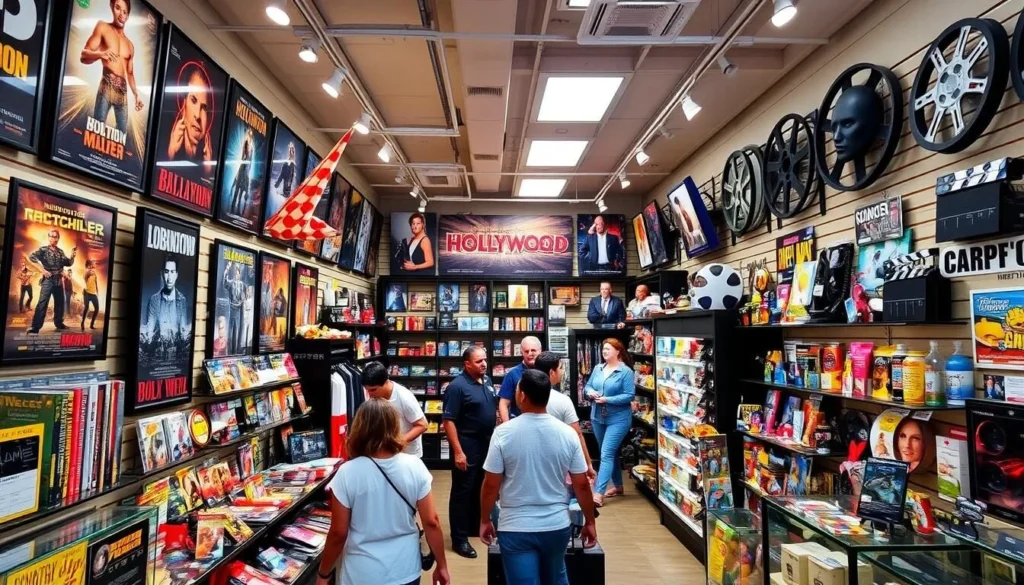 Interior of a unique Hollywood souvenir shop with movie memorabilia and gifts Interior of a unique Hollywood souvenir shop with movie memorabilia and gifts