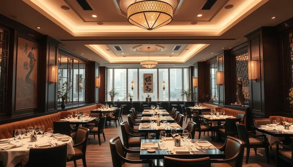 Interior of an upscale Chinese restaurant in downtown Washington DC with elegant table settings and traditional decor