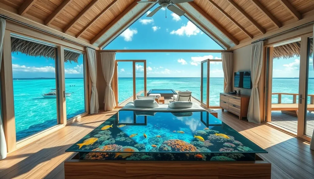 Interior of luxury overwater bungalow with glass floor showing marine life below