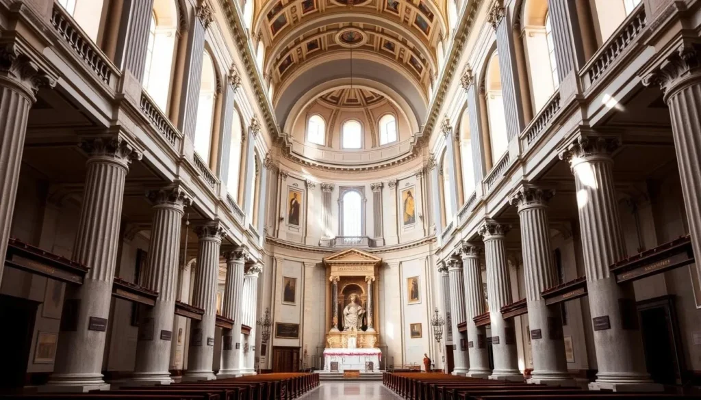 Interior of the Basilica di San Marino with its neoclassical architecture and columns Interior of the Basilica di San Marino with its neoclassical architecture and columns