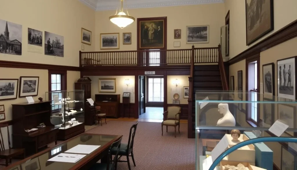 Interior of the Historical Society of Glastonbury museum with historic exhibits and artifacts