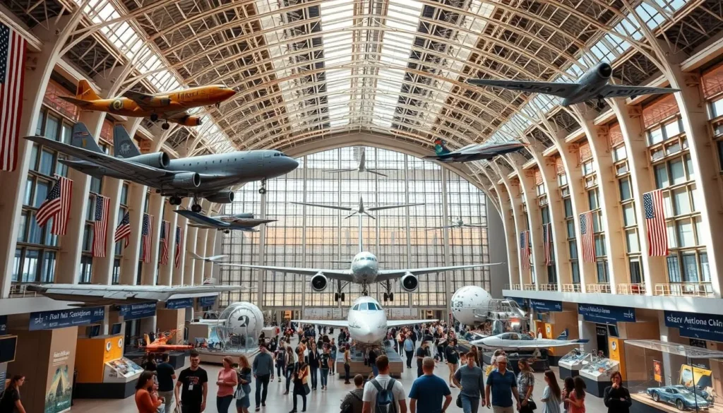 Interior of the National Air and Space Museum in Washington DC showing space exhibits and aircraft displays