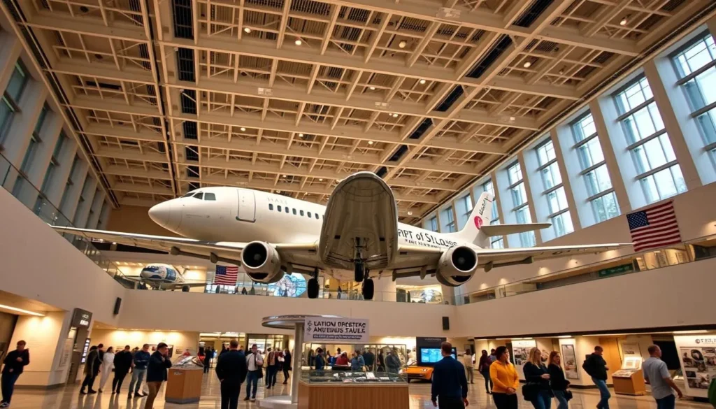 Interior of the National Air and Space Museum with the Spirit of St. Louis airplane on display Interior of the National Air and Space Museum with the Spirit of St. Louis airplane on display
