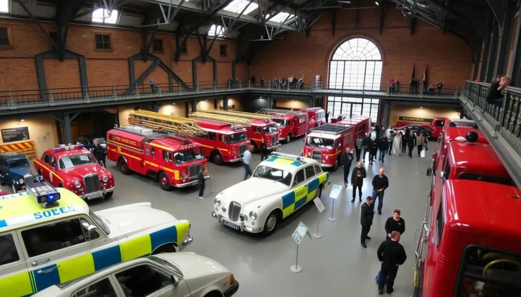 Interior of the National Emergency Services Museum in Sheffield showing historic vehicles and exhibits