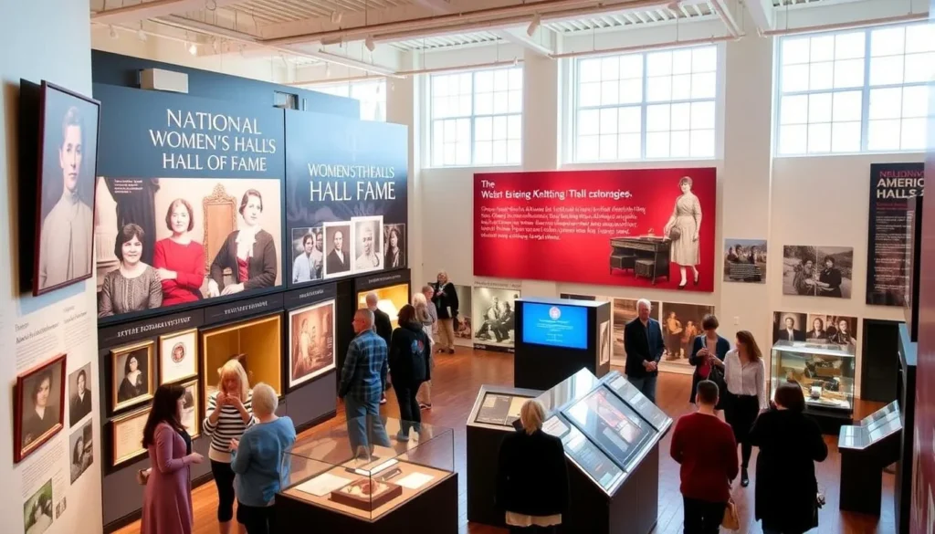 Interior of the National Women's Hall of Fame in Seneca Falls showing exhibits honoring influential American women