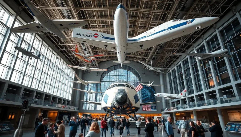 Interior of the Smithsonian National Air and Space Museum showing spacecraft displays