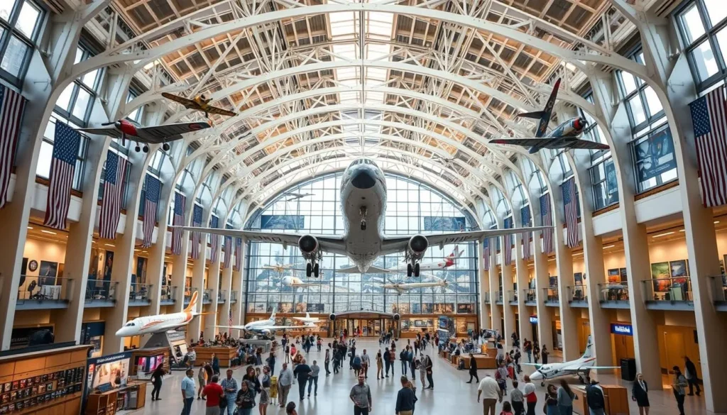 Interior of the Smithsonian National Air and Space Museum showing the main hall with historic aircraft suspended from the ceiling