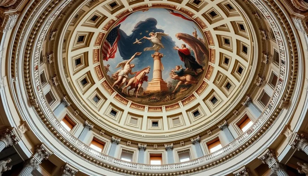 Interior of the US Capitol Building showing the ornate Rotunda with its painted dome
