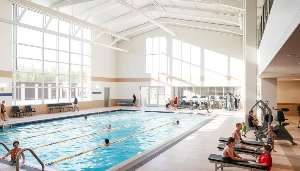 Interior view of the Bison Ridge Recreation Center in Commerce City showing the pool area and fitness facilities Interior view of the Bison Ridge Recreation Center in Commerce City showing the pool area and fitness facilities