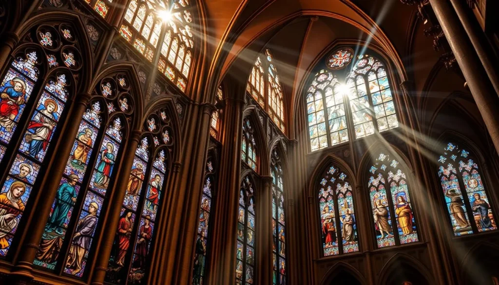 Intricate stained glass windows in a grand medieval church, filtering warm sunlight through jewel-toned panels. Ornate tracery frames scenes of biblical figures, their expressions serene and otherworldly. Shafts of light create dramatic shadows, illuminating the ornate architecture - soaring arches, polished stone columns, and ornamental flourishes. The atmosphere is one of reverence and tranquility, inviting contemplation and wonder. Capture the timeless beauty and spiritual ambiance of this historic French church.
