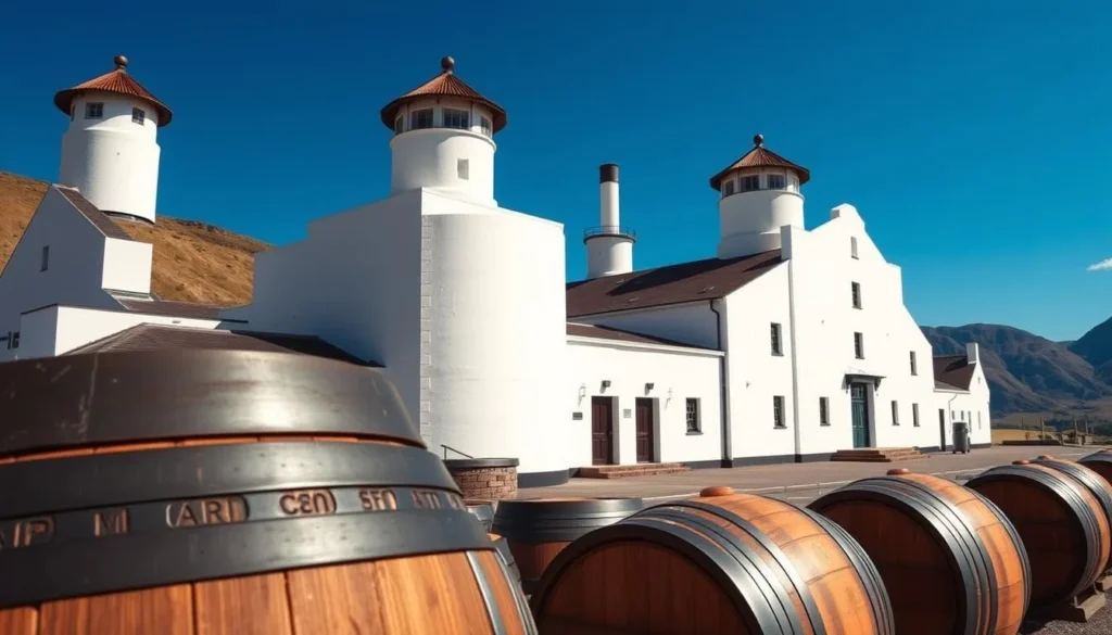 Isle of Arran Distillery in Lochranza with whisky barrels and mountains in background Isle of Arran Distillery in Lochranza with whisky barrels and mountains in background