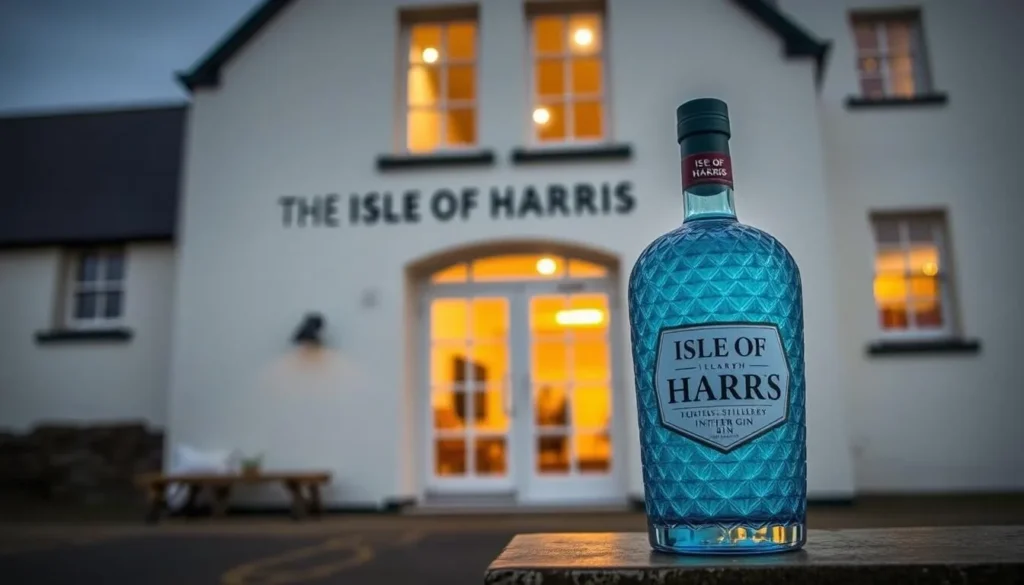 Isle of Harris Distillery with its distinctive bottles of gin displayed in the foreground