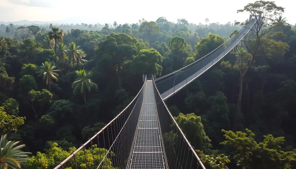 Iwokrama Canopy Walkway suspended high in the rainforest canopy Iwokrama Canopy Walkway suspended high in the rainforest canopy