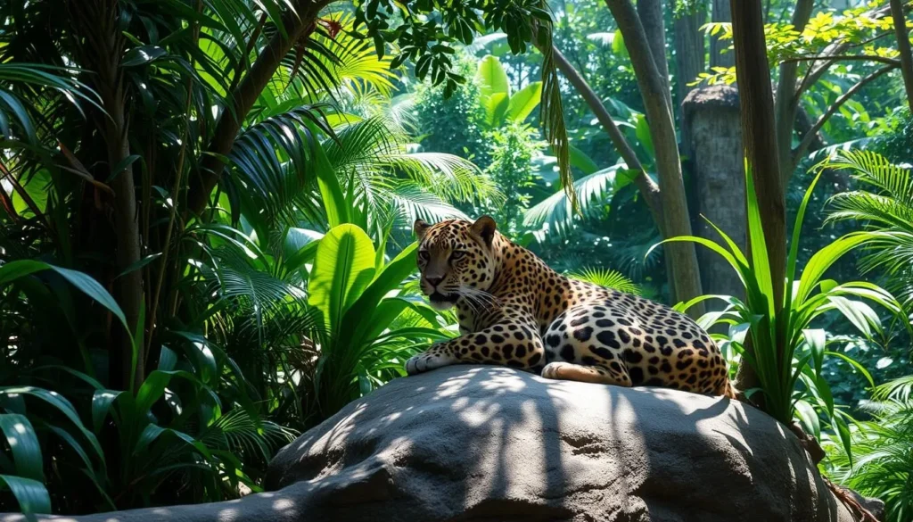 Jaguar exhibit at Zoo de Guyane with the big cat visible in a naturalistic habitat Jaguar exhibit at Zoo de Guyane with the big cat visible in a naturalistic habitat