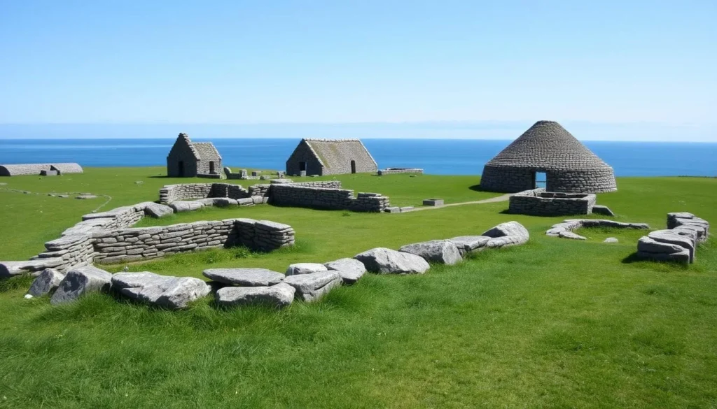 Jarlshof Prehistoric and Norse Settlement ruins in Shetland with stone structures visible