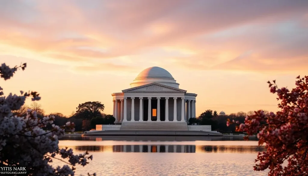 Jefferson Memorial at sunset with cherry blossoms framing the view