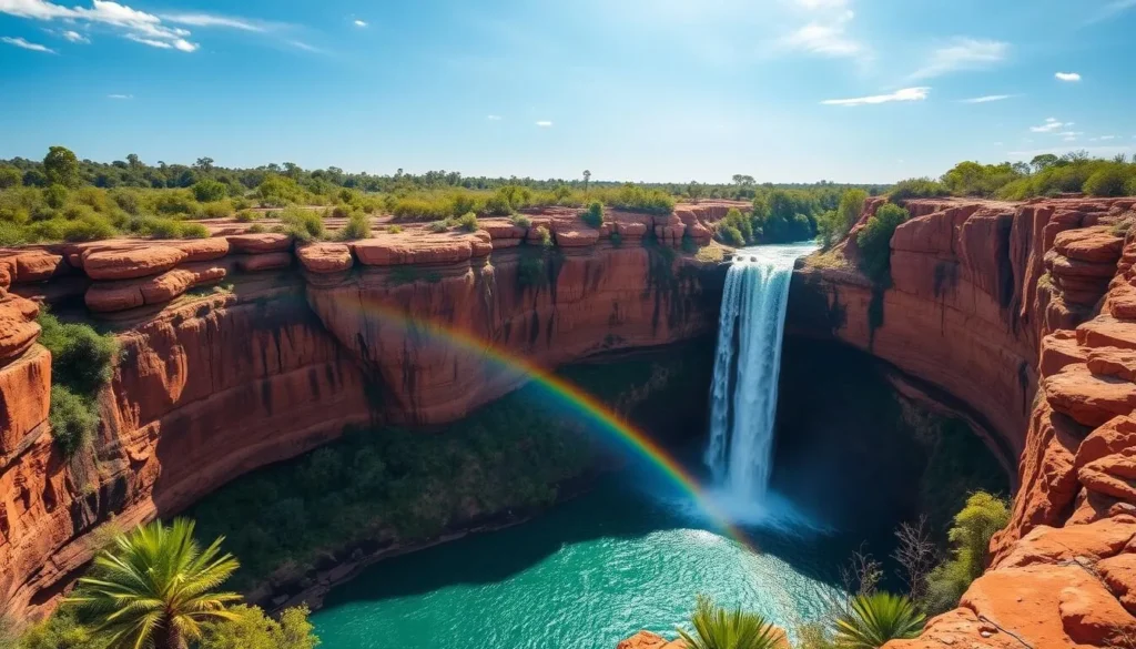 Jim Jim Falls cascading down a 200-meter cliff face into a clear turquoise pool surrounded by red sandstone cliffs Jim Jim Falls cascading down a 200-meter cliff face into a clear turquoise pool surrounded by red sandstone cliffs