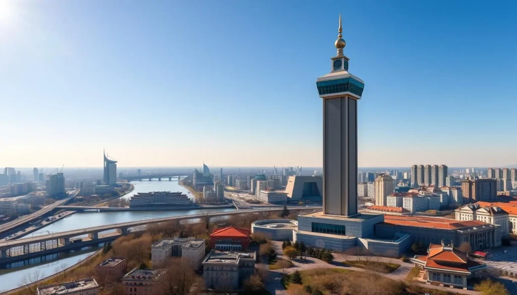 Juche Tower skyline view of Pyongyang, popular North Korea things to do