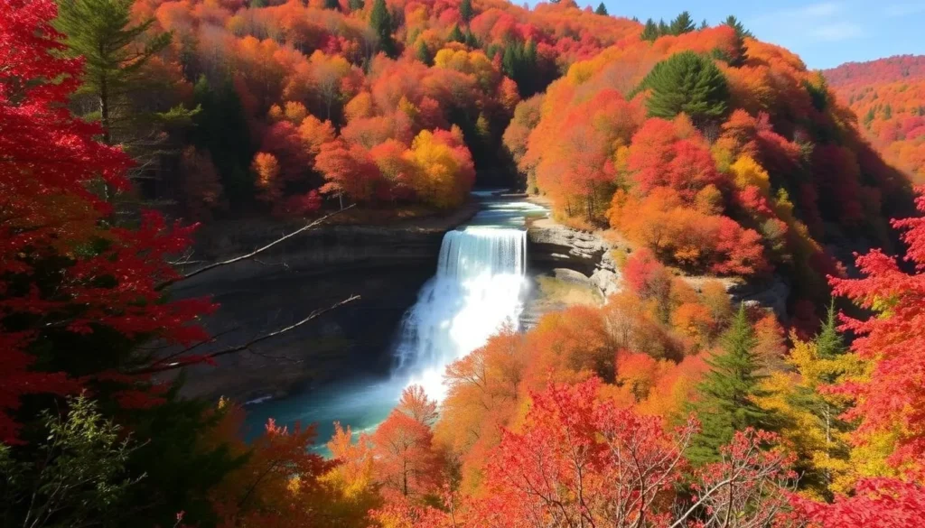 Kaaterskill Falls in Catskill State Park during autumn with vibrant fall foliage surrounding the cascading waterfall Kaaterskill Falls in Catskill State Park during autumn with vibrant fall foliage surrounding the cascading waterfall