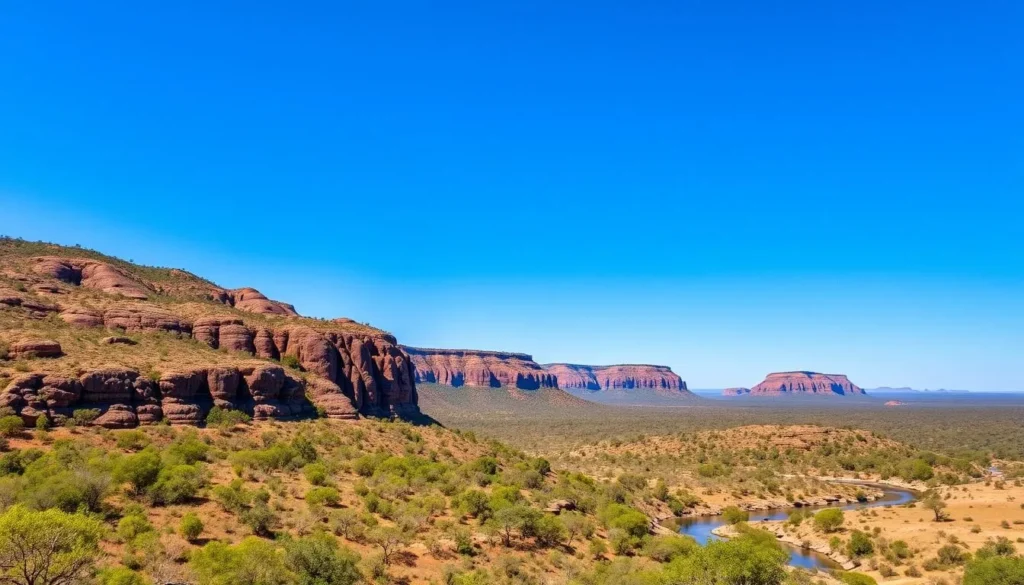 Kakadu National Park landscape during dry season with clear blue skies and vibrant colors Kakadu National Park landscape during dry season with clear blue skies and vibrant colors