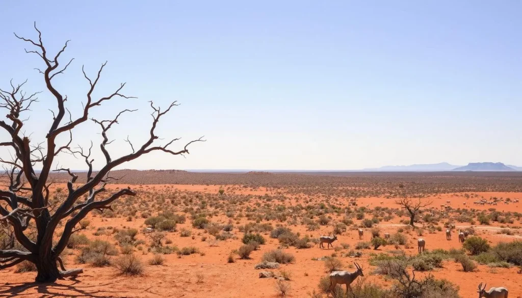 Kalahari Desert landscape, a vast expanse of ochre sand dunes and scrubland under a bright, cloudless sky. In the foreground, weathered acacia trees cast long shadows, their twisted branches reaching towards the horizon. In the middle ground, a herd of grazing antelope move across the undulating terrain, their tawny coats blending seamlessly with the surrounding environment. Beyond, the desert stretches out, punctuated by the occasional rocky outcrop, creating a serene and timeless scene. Capture this natural wonder with a wide-angle lens, emphasizing the scale and grandeur of the Kalahari's untamed beauty.