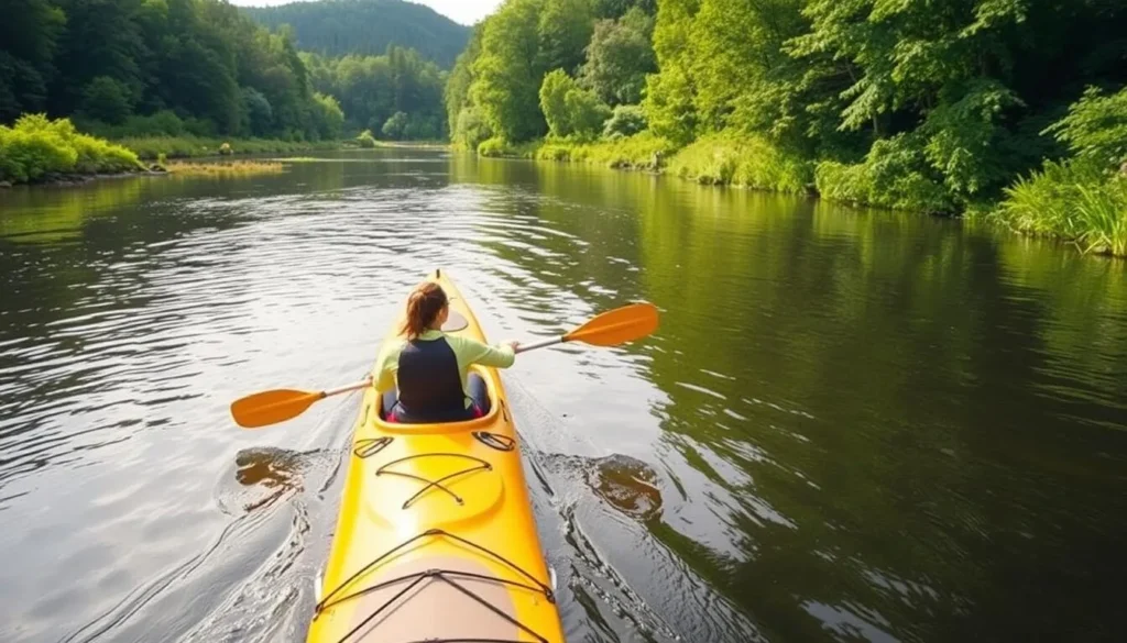 Kayaker paddling on the calm waters of the Clyde River surrounded by lush greenery