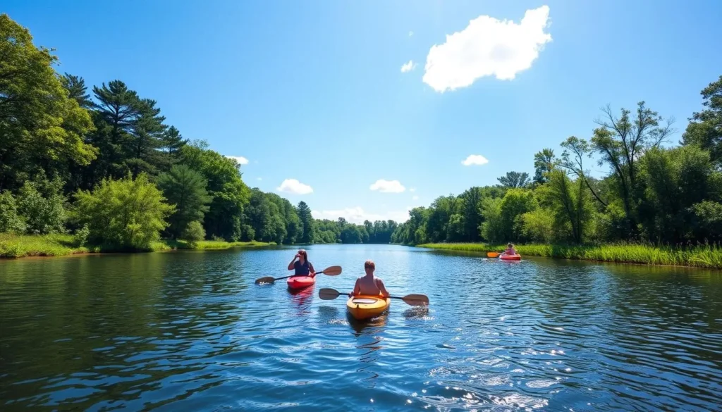 Kayakers enjoying a sunny day on Millsboro Pond surrounded by nature