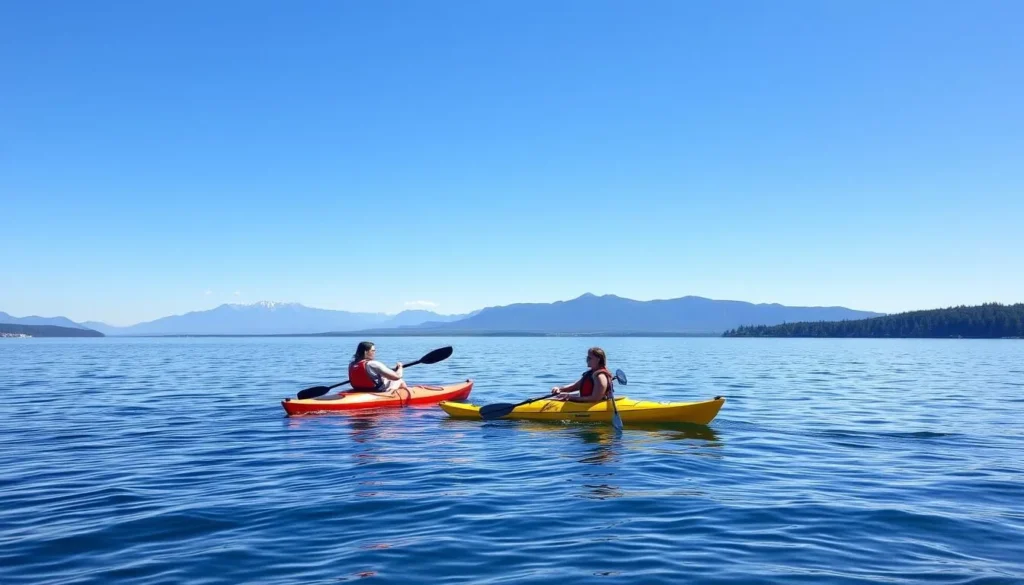 Kayakers exploring Sequim Bay with Olympic Mountains in background Kayakers exploring Sequim Bay with Olympic Mountains in background