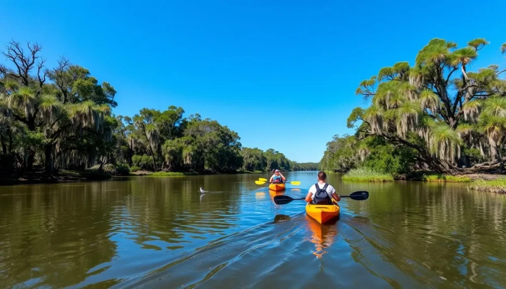 Kayakers exploring the Apalachicola River with cypress trees and wildlife visible along the shoreline Kayakers exploring the Apalachicola River with cypress trees and wildlife visible along the shoreline