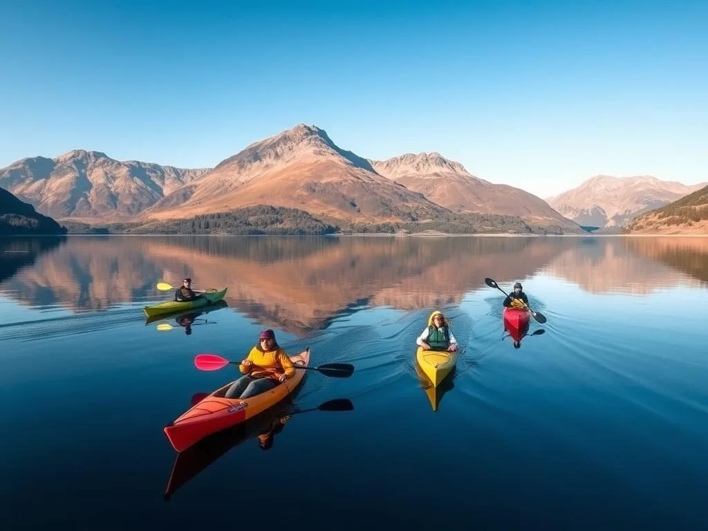 Kayakers on Derwentwater with mountain reflections in the Lake District Kayakers on Derwentwater with mountain reflections in the Lake District