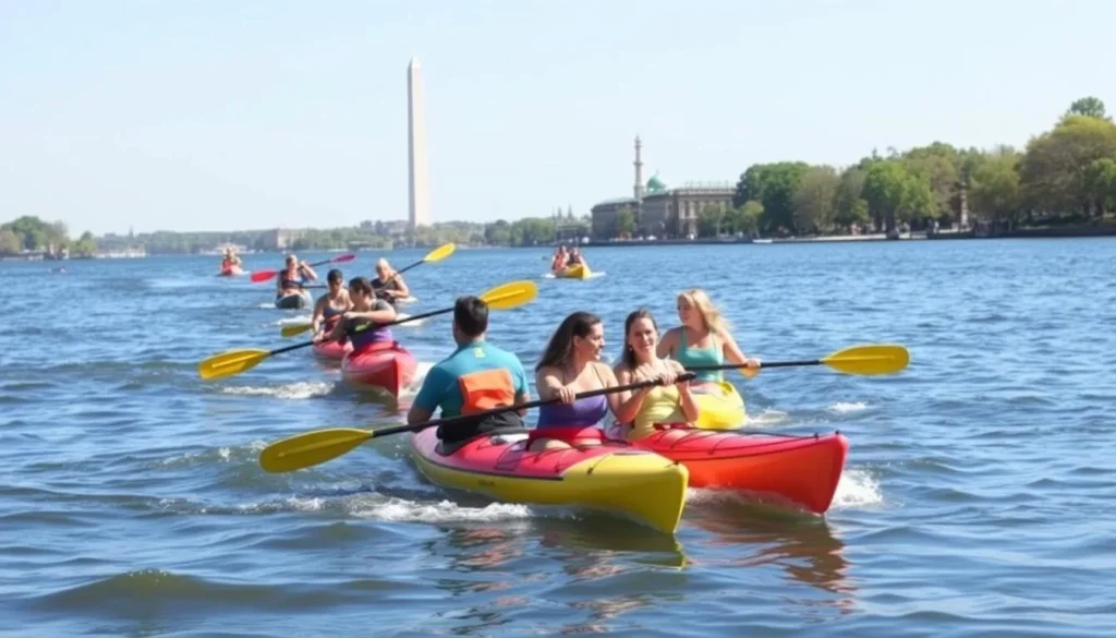 Kayakers on the Potomac River with Washington DC monuments in the background Kayakers on the Potomac River with Washington DC monuments in the background