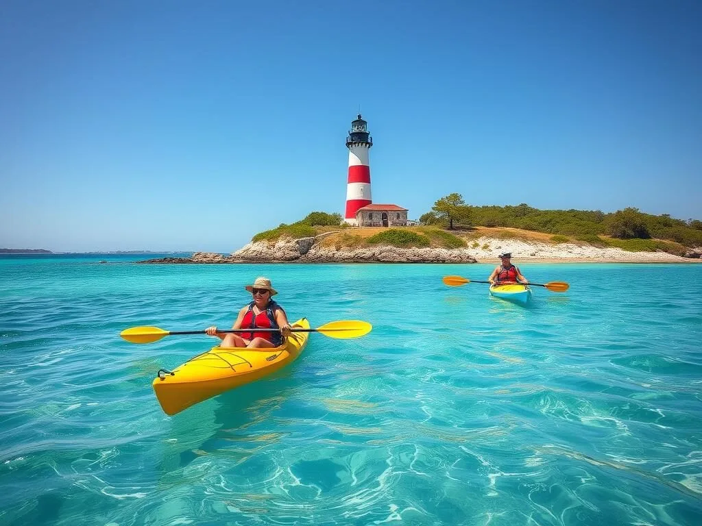 Kayakers paddling near Morris Island Lighthouse Kayakers paddling near Morris Island Lighthouse
