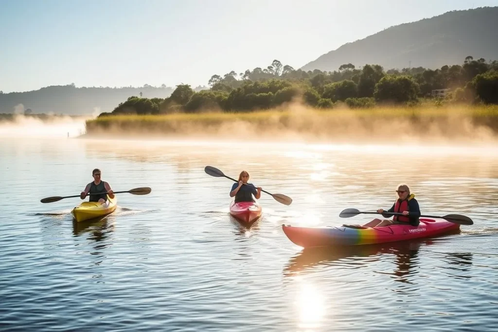 Kayakers paddling on the calm waters of the Hastings River