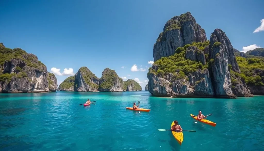 Kayakers paddling through Palau's Rock Islands with limestone formations and turquoise waters Kayakers paddling through Palau's Rock Islands with limestone formations and turquoise waters