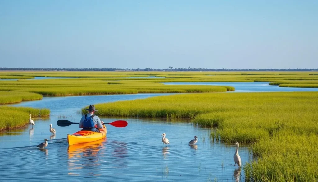 Kayakers paddling through the Mustang Island Paddling Trail with coastal birds and wetland scenery