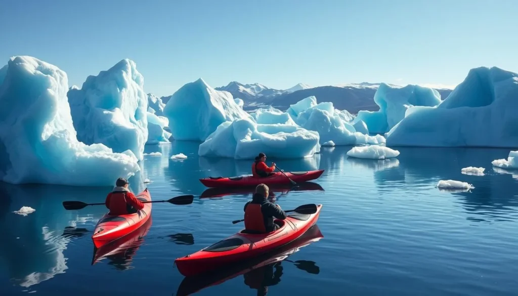 Kayaking among icebergs in Svalbard fjord, popular Svalbard and Jan Mayen things to do Kayaking among icebergs in Svalbard fjord, popular Svalbard and Jan Mayen things to do