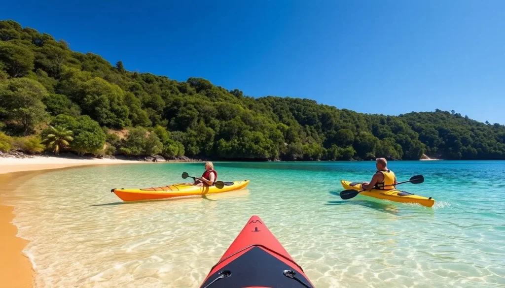 Kayaking in Abel Tasman National Park with golden beaches and clear water, top New Zealand activity Kayaking in Abel Tasman National Park with golden beaches and clear water, top New Zealand activity