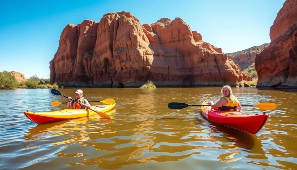 Kayaking on the Murray River in the Murraylands Region South Australia with cliffs in background