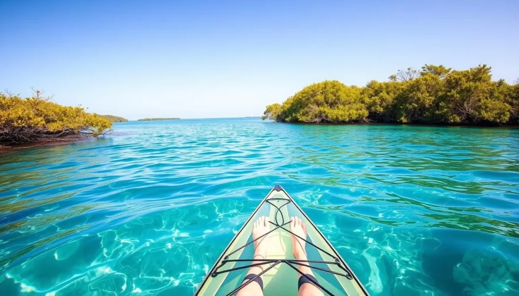 Kayaking through clear waters near mangroves in Little Cayman