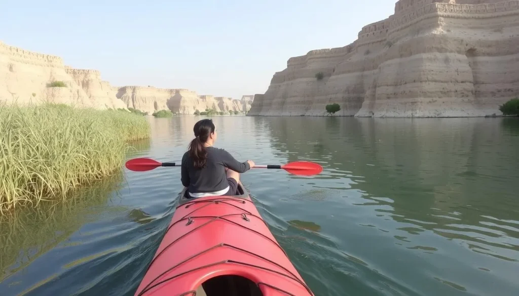 Kayaking through the calm waters of Al-Thakira Natural Reserve in Qatar