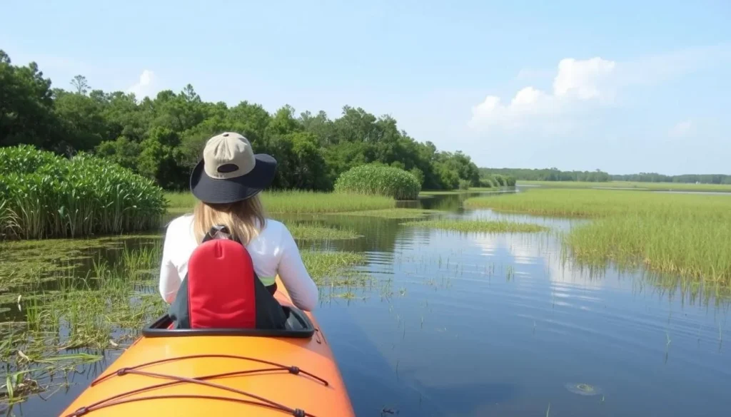 Kayaking through the marshes of Kiawah Island with a serene background