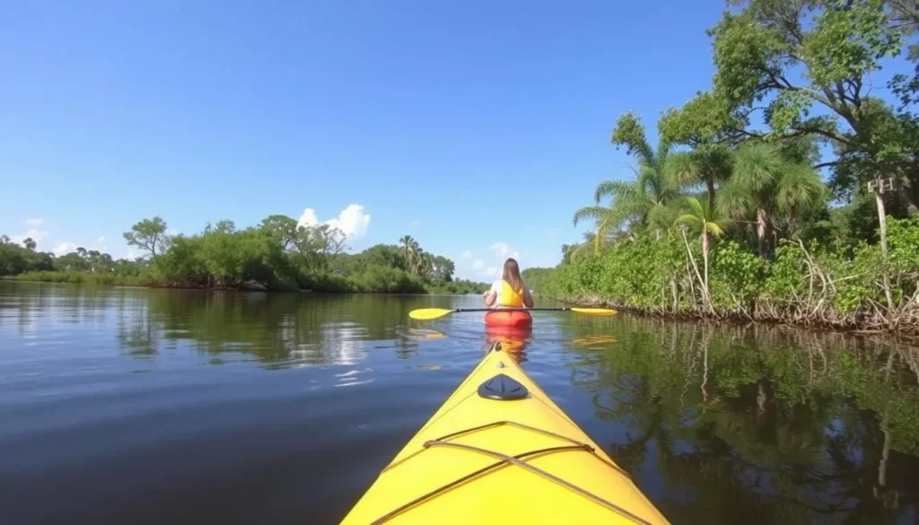 Kayaking through the serene waters of Shingle Creek Regional Park, surrounded by lush vegetation and wildlife.