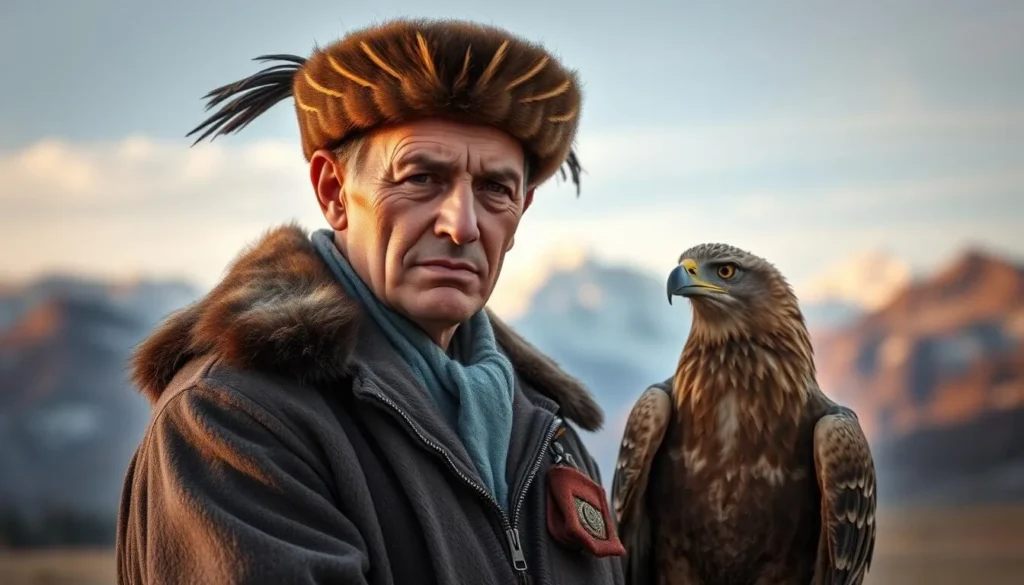 Kazakh eagle hunter with golden eagle in Western Mongolia, traditional Mongolia Best Things to Do